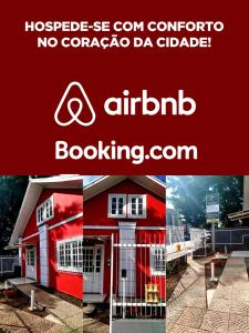 a collage of two pictures of a red house at Pousada Central Quarto 5 in Joinville