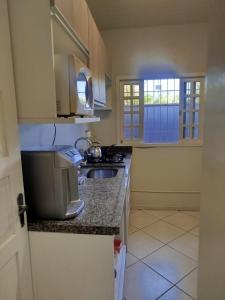 a kitchen with a sink and a counter top at Pousada Central Quarto 5 in Joinville