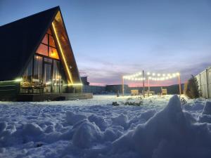 a building in the snow at night at Day Off in Dushetʼi
