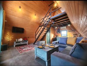 a living room with a blue couch and a wooden ceiling at Day Off in Dushetʼi