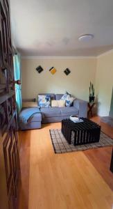 a living room with a blue couch and a table at Moya Guesthouse in Johannesburg