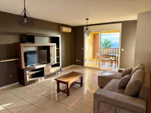 a living room with a couch and a tv at Apartment with exceptional views, Saint-Joseph in Saint-Joseph