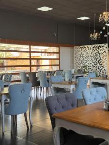 ein Restaurant mit blauen Stühlen, Tischen und Fenstern in der Unterkunft Hotel Origenes in Vallenar
