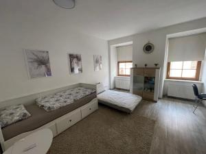 een slaapkamer met 2 bedden, een bureau en 2 ramen bij Bike & Relax in Bernburg