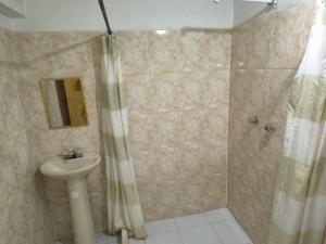 a bathroom with a shower and a sink at Hotel Escocia in Estación El Salto