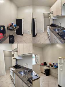 four pictures of a kitchen with a sink and a refrigerator at Pousada Central Quarto 1 in Joinville