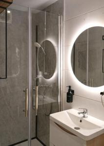 a bathroom with a sink and a shower at Midnight Crown Suite in Hannover