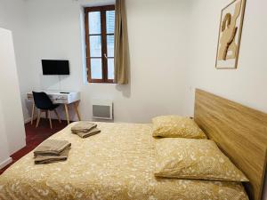 a bedroom with a bed and a desk with a computer at La coloc' l 3 Chambres avec salle de bain & TV in Castres