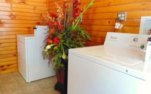a kitchen with a refrigerator, sink and a vase of flowers at Baymont by Wyndham Gatlinburg On The River in Gatlinburg
