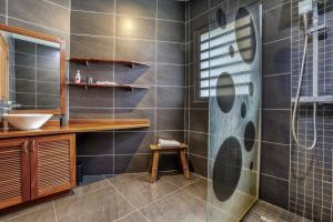 a bathroom with a shower and a sink at Comme un bateau sur l'océan in Saint-Leu