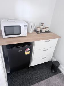a microwave sitting on a counter next to a dishwasher at Guesthouse A in Twizel