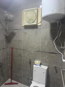 a bathroom with a toilet with a air conditioner on the wall at ASKALEIH Nubian Guest House in Aswan +25 photos