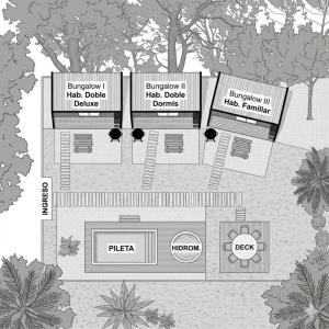 a black and white floor plan of a restaurant at La Posada Bungalows in Necochea +19 photos