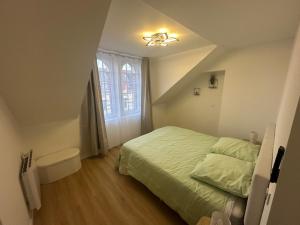 a bedroom with a green bed and a window at Mad'in Bethune in Béthune