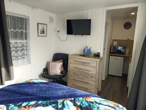 a bedroom with a bed and a tv on the wall at Wharf Street Art in Foxton