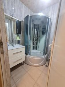 a bathroom with a shower and a sink at Ia's Home in Tbilisi City