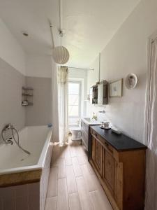 un bagno con vasca e lavandino di Très bel appartement en plein centre d'Arbois ad Arbois