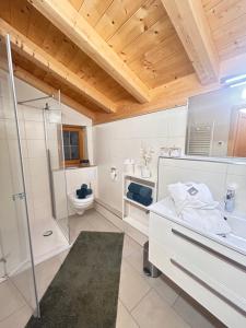 a bathroom with a shower and a toilet at Ferienhaus Happyplace in Illach +65 photos