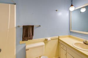 een badkamer met een wastafel, een toilet en een spiegel bij Fayetteville Vacation Rental with Yard! in Fort Bragg +16 foto's