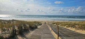 a wooden path to the beach with people on it at Bienvenue au Cap Ferret in Lège-Cap-Ferret
