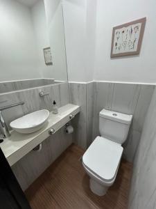 een badkamer met een toilet, een wastafel en een spiegel bij MorenoPLAZA in Concepción del Uruguay