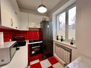 a kitchen with a black refrigerator and red tiles at Chișinău Airport Comfort in Chişinău