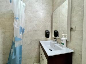 a bathroom with a sink and a shower curtain at Chișinău Airport Comfort in Chişinău