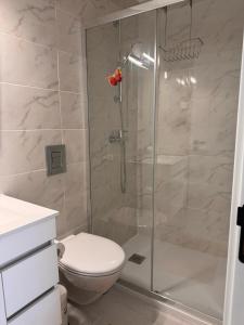 a bathroom with a shower with a toilet at Casa Ventura in Lagos