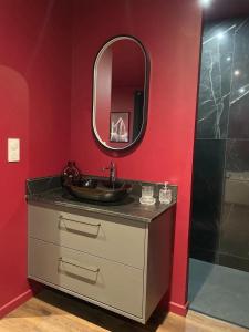 a bathroom with a sink and a mirror at Les secrets d hedoné in Nogna