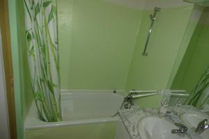 a bathroom with a shower and two sinks and a tub at Le refuge 66 in Saint-Aventin