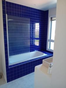 a blue tiled bathroom with a tub and a sink at Ici c est Ploubaz in Ploubazlanec +7 photos