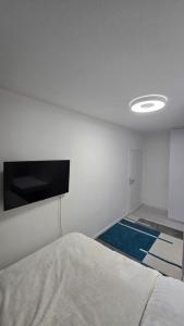 een slaapkamer met een bed en een flatscreen-tv bij Byt 44m2 Ostrava Bělský les in Hrabŭvka