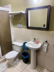 a bathroom with a toilet and a sink and a mirror at Horus Suite Apartamento in San Pedro Sula
