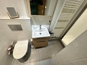 un bagno con lavandino, WC e specchio di Méribel 2 pièces avec cabine, centre, proche commerce et pistes avec parking et wifi état neuf a Les Allues Altre 29 foto