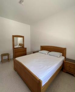 a bedroom with a large bed and a mirror at Appartement central et spacieux in Monastir