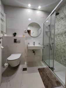 a bathroom with a toilet and a sink and a shower at White Homes 1BR - Central Point in Podgorica