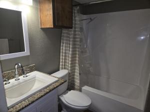 a bathroom with a sink and a toilet and a shower at Sunshine village in Euless +9 photos