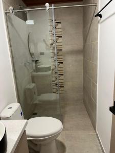 a bathroom with a toilet and a glass shower at Apto Domus in Pamplona