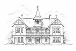 a black and white drawing of a house at The Fenway Hostel in Launceston