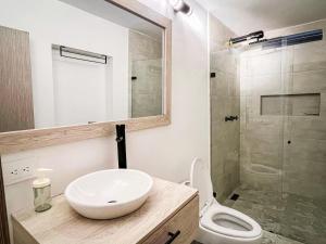 a bathroom with a sink and a toilet and a shower at Vive Medellin apartamento in Envigado