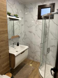 a bathroom with a sink and a shower at Къща за гости Бъчвата in Elkhovo