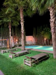 a swimming pool with palm trees and benches in the grass at Villa Gomez in Sbiti