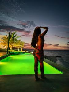 a woman standing next to the ocean with a green screen at On Beach Seaside Sunset Haven 2 - Epic Sea View in Chuburná