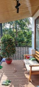 a porch with a bench and a tree on a deck at Sunny House Homestay in Tam Ðảo