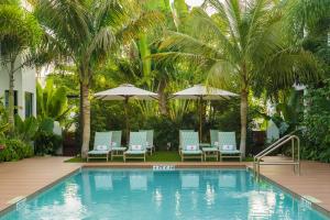 a swimming pool with chairs and umbrellas and palm trees at Maison Felix in Miami Beach