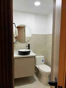 a bathroom with a toilet and a sink and a mirror at Apto Domus in Pamplona