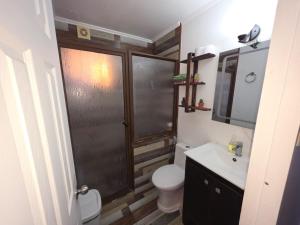 a bathroom with a shower and a toilet and a sink at Casa Flor del aire in La Serena +8 photos