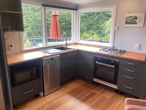 a kitchen with a sink and a stove top oven at Portobello Bach Double Cove in Lochmara Bay