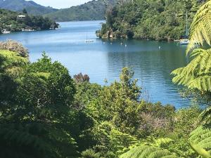 a view of a river with boats in the water at Portobello Bach Double Cove in Lochmara Bay