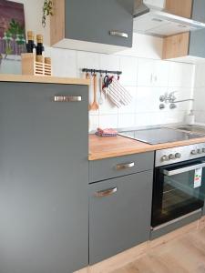 a kitchen with stainless steel appliances and wooden counters at Matteo in Supetarska Draga